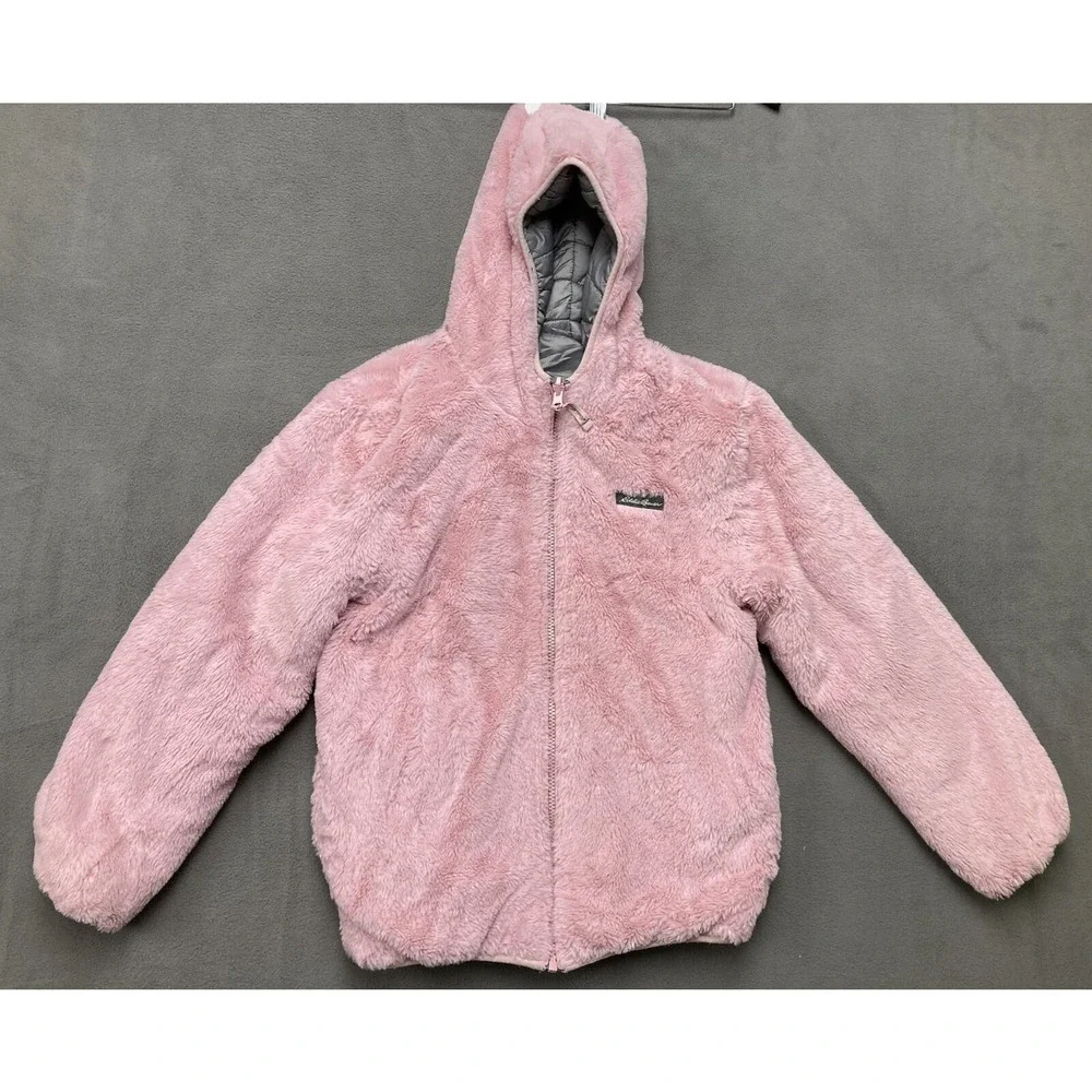 Eddie Bower Puffer Jacket Girls L 14/16 Grey Pink Zip Hooded Warm